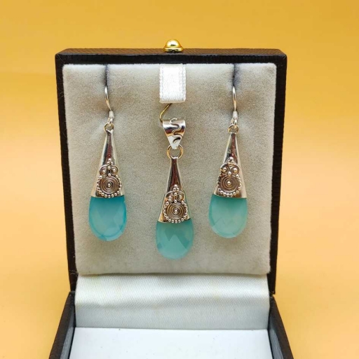 925 Sterling Silver Aqua Chalcy Gemstone Handmade Pendant And Earring Set