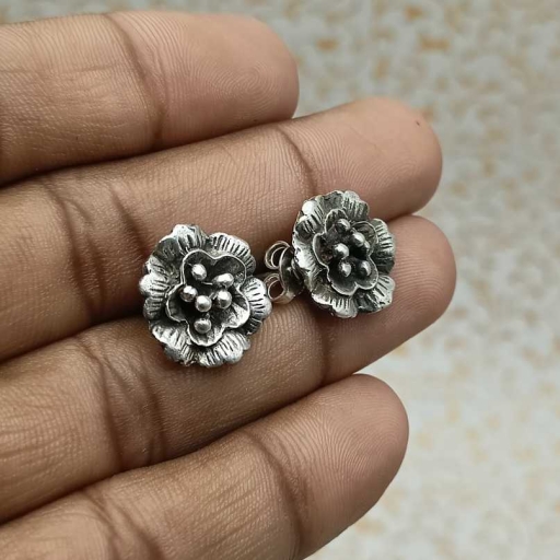 925 Sterling Silver Tribal Flower Shapes Bohemian Vintage Studs Earring