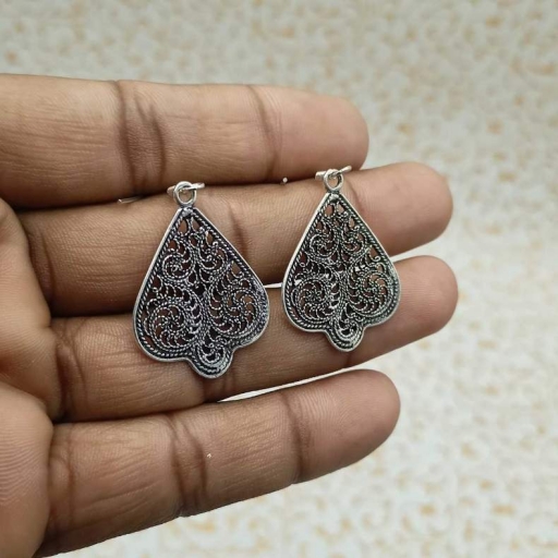 Triangular Shape Jali Design Handmade Bohemian 925 Sterling Silver Earring