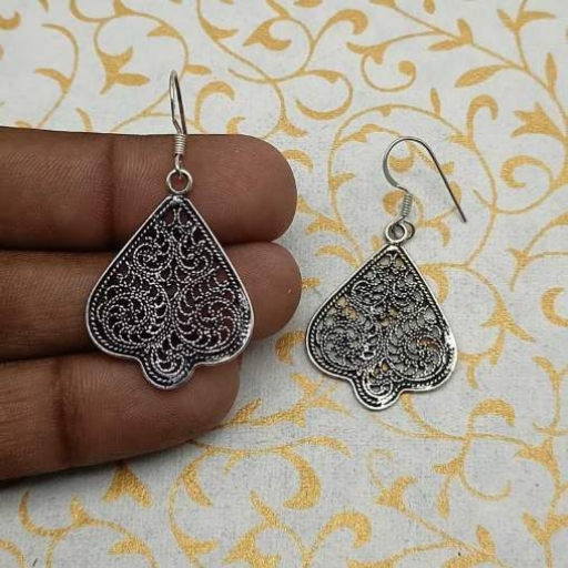 Triangular Shape Jali Design Handmade Bohemian 925 Sterling Silver Earring