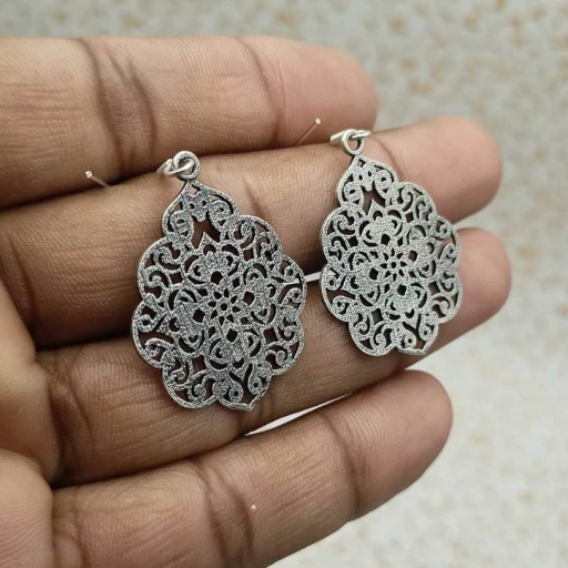 Flower Deisgn Jali Work 925 Sterling Silver Handmade Earring