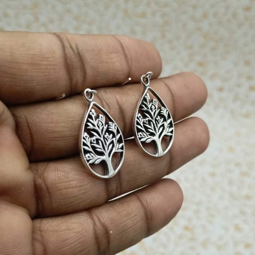 Drop Shape Tree Of Life Design Handmade 925 Sterling Silver Bohemian Earring
