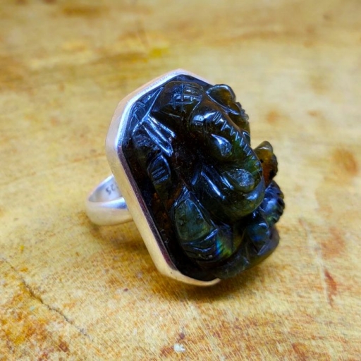 Caving Ganesh Designer Labradorite Gemstone 925 Sterling Silver  Ring
