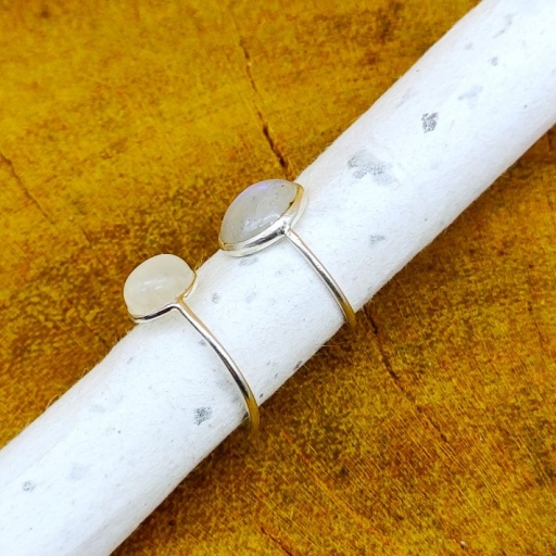 925 Sterling Silver Moonstone Gemstone White with Blue Flash Fine Dainty Ring