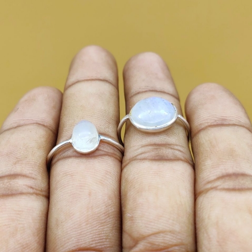 925 Sterling Silver Moonstone Gemstone White with Blue Flash Fine Dainty Ring