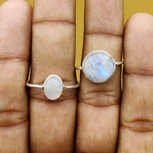 925 Sterling Silver Moonstone Gemstone White with Blue Flash Fine Dainty Ring