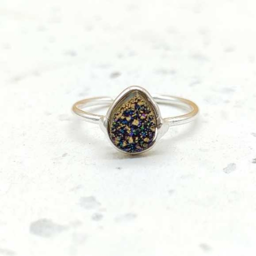 Teardrop Shape Blue Shine Druzzy Gemstone 925 Sterling Silver Ring