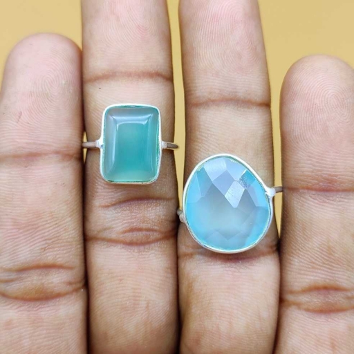 Aqua Chalcedony Faceted Gemstone 925 Sterling Silver Rectangle Shape Ring