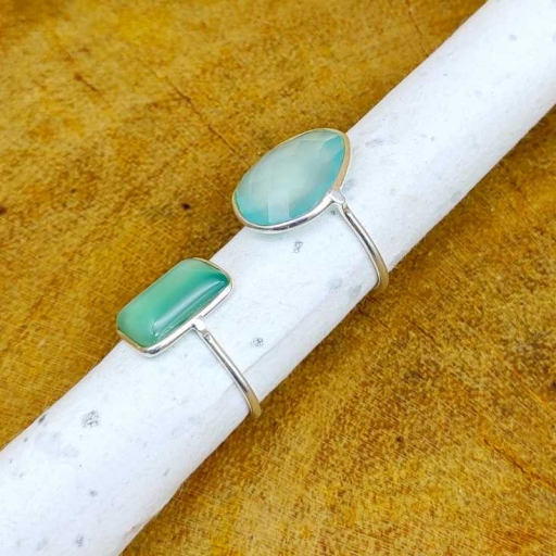 Aqua Chalcedony Faceted Gemstone 925 Sterling Silver Rectangle Shape Ring