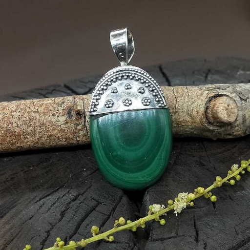 925 Sterling Silver Natural Malachite Gemstone Pendant For Women & Girls