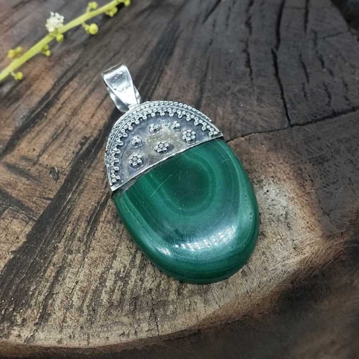 925 Sterling Silver Natural Malachite Gemstone Pendant For Women & Girls