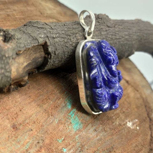 925 Sterling Silver Lapis Lazuli Ganesh Carving Spiritual & Gemstone Pendant