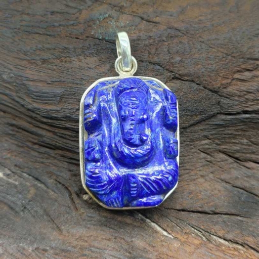 925 Sterling Silver Lapis Lazuli Ganesh Carving Spiritual & Gemstone Pendant