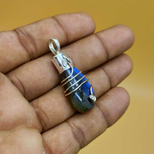 Blue Flash Labradorite Gemstone Wire Wrapped 925 Sterling Silver Drop Shape Bohemian Pendant