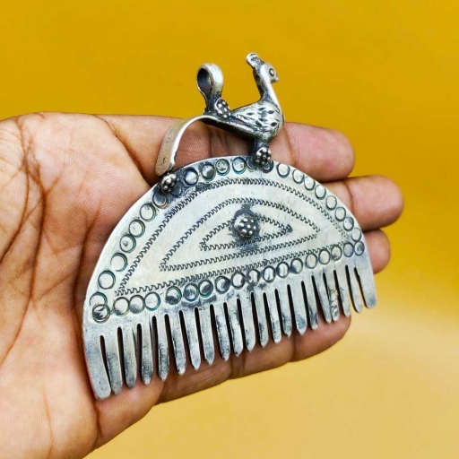 Bohemian Artisan Silver Tribal Peacock On Comb Design Vintage Pendant