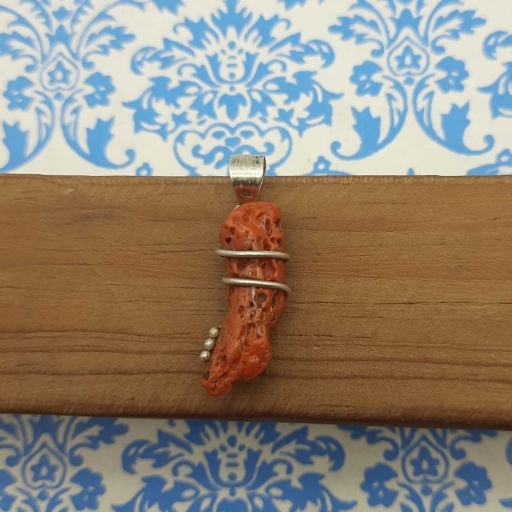 925 Sterling Silver Handmade Wire Pencil Shape Authentic Raw Coral Gemstone Pendant