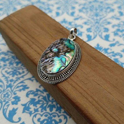 Natural Abalone Shell Gemstone Handmade 925 Silver Bohemian Design Pendant