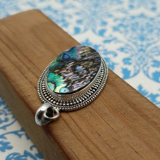 Natural Abalone Shell Gemstone Handmade 925 Silver Bohemian Design Pendant