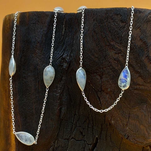 925 Sterling Silver Drop Shape Faceted Rainbow Moonstone Designer Chain Necklace