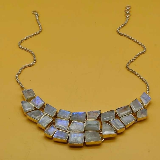 925 Sterling Silver Handmade Bohemian Chunky Necklace With Faceted Rainbow Moonstone