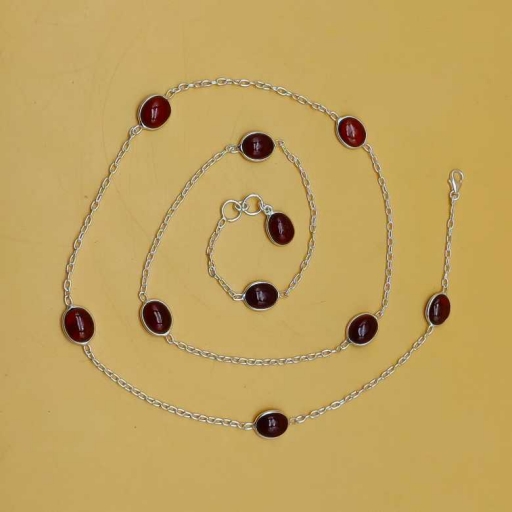 925 Sterling Silver Oval Shape Cabochon Hessonite Gemstone Designer Chain Necklace