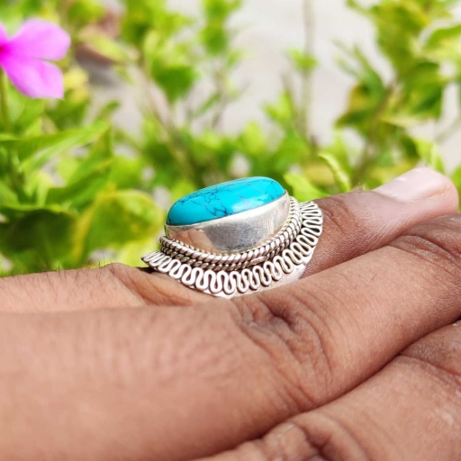 925 Sterling Silver Handmade Oval Turquoise Gemstone Bohemian Ring