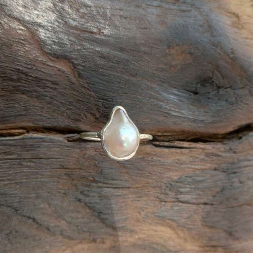 Drop Shape Natural Fresh Water Pearl Gemstone 925 Silver Ring