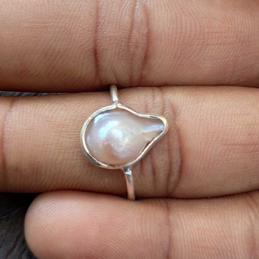 Drop Shape Natural Fresh Water Pearl Gemstone 925 Silver Ring