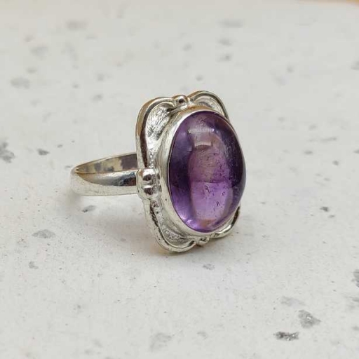 Oval Shape Cabochon Amethyst Gemstone Handmade 925 Silver Bohemian Ring