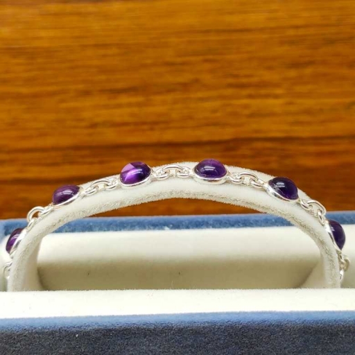 Dainty Round Shape Cabochon Amethyst Gemstone Sterling Silver Bracelet