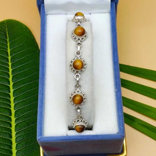 Round Shape Tiger Eye Gemstone Sterling Silver 925 Handmade Designer Bracelet