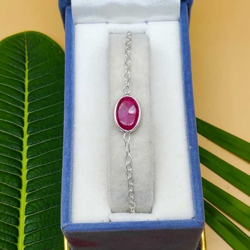 Faceted Dyed Ruby Gemstone 925 Sterling Silver Chain Bracelet