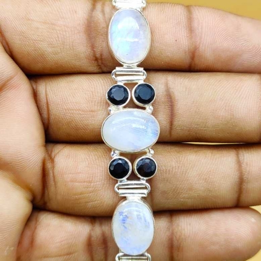 Smokey Quartz And Rainbow Moonstone Designer 925 Sterling Silver Bracelet