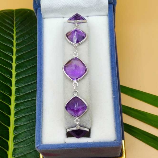Faceted Authentic Cushion Shape Amethyst Gemstone Handmade Sterling Silver Bracelet