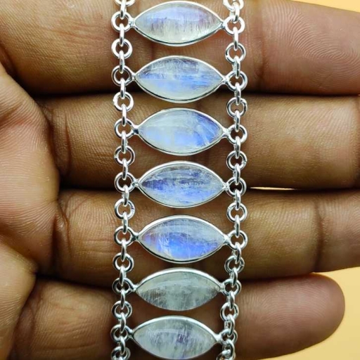 Marquise Shape Cabochon Moonstone Gemstone Handmade Bracelet With Chain Design