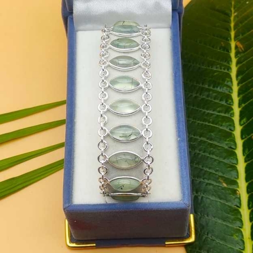 Marquise Shape Cabochon Prehnite Gemstone Handmade Bracelet With Chain Design