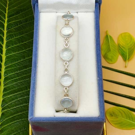 Round Shape Blue Aquamarine Cabochon Gemstone 925 Sterling Silver Bracelet