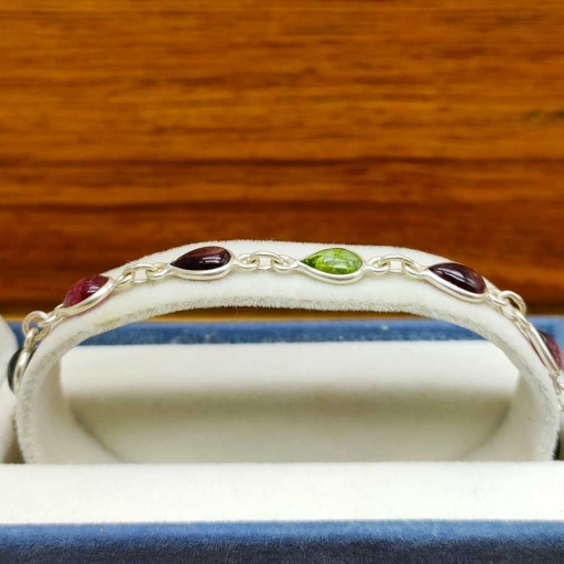 Multi Color Cabochon Tourmaline Gemstone Handmade 925 Sterling Silver Bracelet