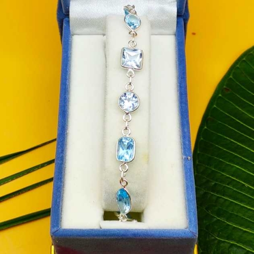 925 Sterling Silver Handmade Bezel Work Faceted Blue Topaz Gemstone Bracelet