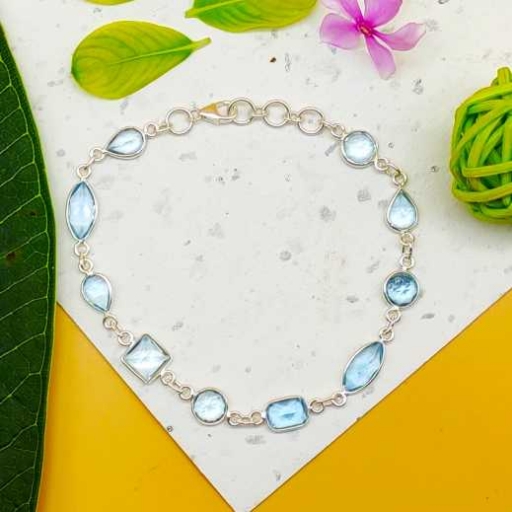 925 Sterling Silver Handmade Bezel Work Faceted Blue Topaz Gemstone Bracelet