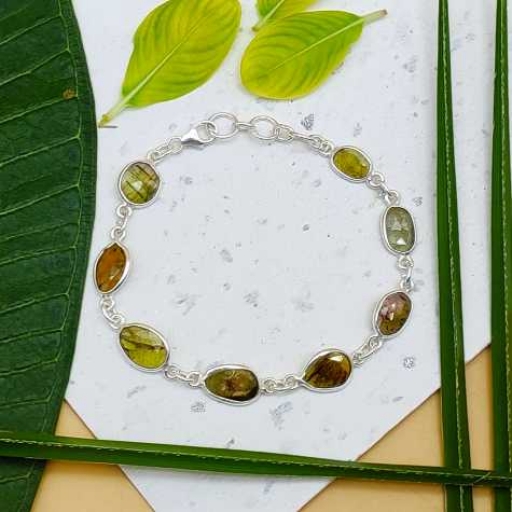Thin Tourmaline Faceted Talpe Gemstone 925 Sterling Silver Bracelet