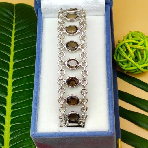 Faceted Smokey Quartz Gemstone Designer Chain Bracelet In Silver 925