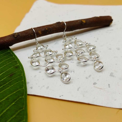 Oval Shape Faceted Crystal Gemstone Handmade 925 Sterling Silver Chandelier Earring