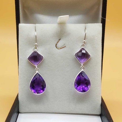 Faceted Cushion Shape Amethyst Gemstone 925 Sterling Silver Earring