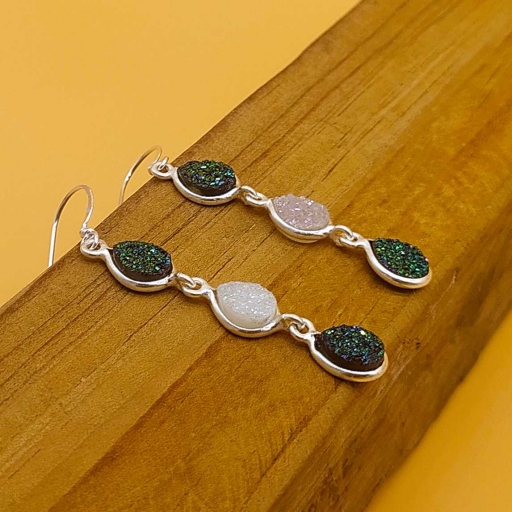 Triple Green & Pearl Shine Color Titanium Druzzy Gemstone Handmade 925 Sterl;ing Silver Earring