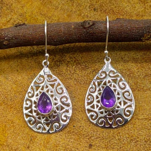 925 Sterling Silver Jali Design Faceted Amethyst Part Wear Gift Item Earring