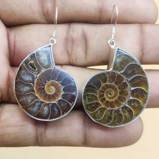 Natural Ammonite Shell 925 Sterling Silver Classic Handmade Earring For Her