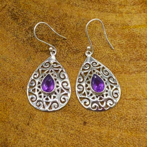 925 Sterling Silver Jali Design Faceted Amethyst Part Wear Gift Item Earring