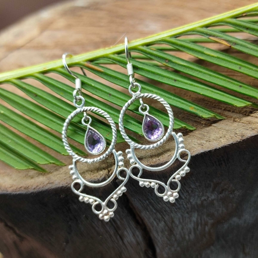 Heavy Work Faceted Amethyst  Party Wear 925 Sterling Silver Earring