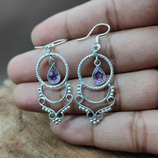 Heavy Work Faceted Amethyst  Party Wear 925 Sterling Silver Earring